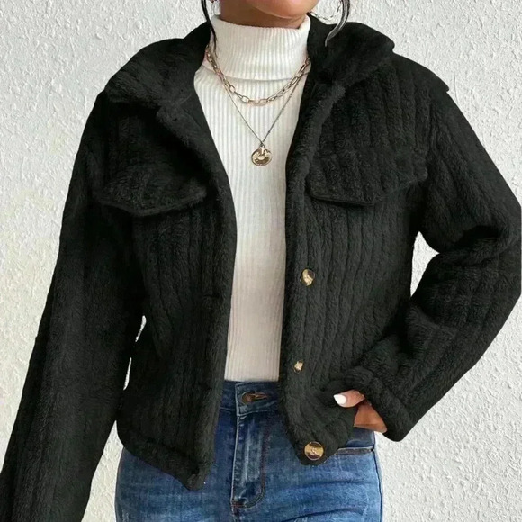 Black Casual Women's Flap Detail Button Front Flannel Jacket - Picture 5 of 6